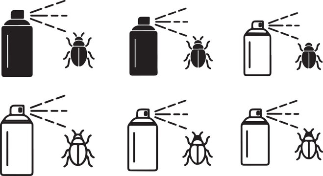 Insecticide Spray and Pest Control Line Art Icon Set. Aerosol Can with Cockroach and Bug Repellent Vector Symbols.