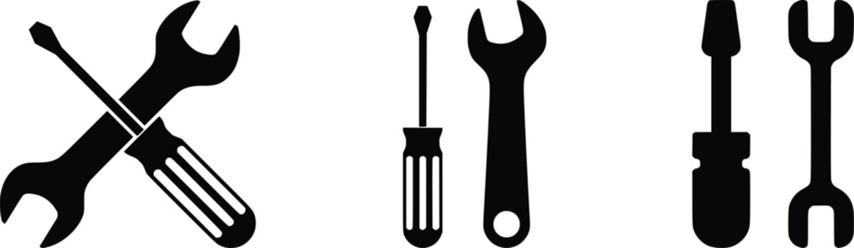 Repair and Maintenance Tools Icons Set &ndash; Wrench and Screwdriver Black Vector