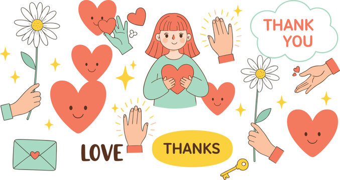 Thank You and Love Illustration Set with Hearts, Hands, Flowers and Gratitude Messages Flat Vector