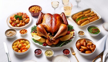 a roasted turkey surrounded by various side dishes on a white tablecloth