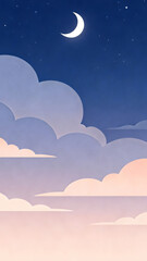 Moonlit Sky Dreamscape: A captivating illustration featuring a crescent moon presiding over a sea of fluffy clouds bathed in the soft glow of twilight hues. A serene scene. 