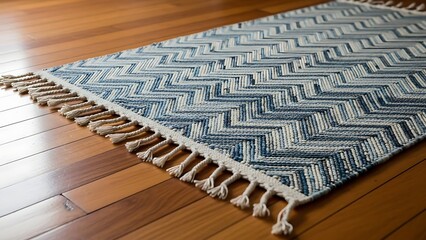 Fototapeta premium Blue and white chevron patterned rug with fringe