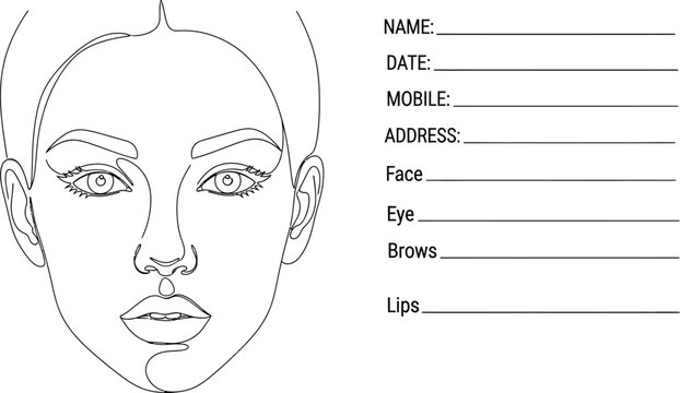 A detailed facial diagram with labeled sections for makeup or skincare assessment
