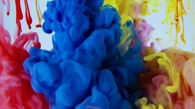 Vibrant ink swirls in water, creating abstract patterns from multiple colors, captured in close-up view