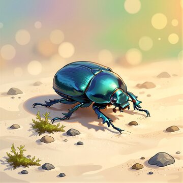 Scarab Beetle on sandy beach with small rocks, glossy blue coloration, soft pastel background, bokeh lights. Concept of bug's allure in serene landscape.