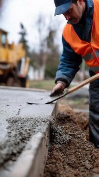 A close-up of a worker smoothing freshly poured concrete.
