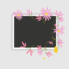 Photo frame mockup designed as a postage stamp. The white square frame features a soft inner shadow and is decorated with charming hand-drawn wildflowers. Perfect for scrapbooking, seasonal greeting c