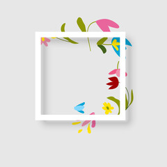 Photo frame mockup designed as a postage stamp. The white square frame features a soft inner shadow and is decorated with charming hand-drawn wildflowers. Perfect for scrapbooking, seasonal greeting c