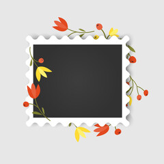 Photo frame mockup designed as a postage stamp. The white square frame features a soft inner shadow and is decorated with charming hand-drawn wildflowers. Perfect for scrapbooking, seasonal greeting c