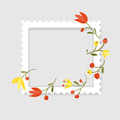 Photo frame mockup designed as a postage stamp. The white square frame features a soft inner shadow and is decorated with charming hand-drawn wildflowers. Perfect for scrapbooking, seasonal greeting c