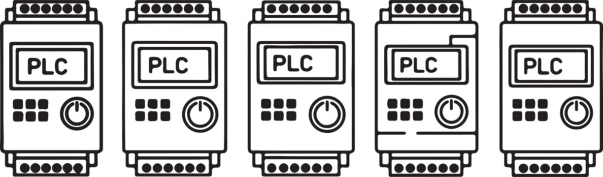 PLC Programmable Logic Controller Line Art Icon Set. Industrial Automation Module Vector Symbols.