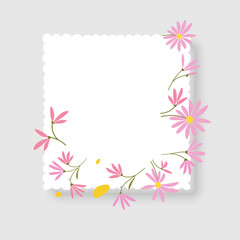 Photo frame mockup designed as a postage stamp. The white square frame features a soft inner shadow and is decorated with charming hand-drawn wildflowers. Perfect for scrapbooking, seasonal greeting c