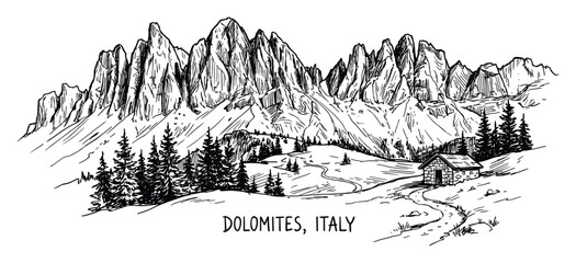 Detailed illustration of Dolomites Italy landscape with mountains, house, trees, and pathway.