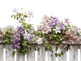 Beautiful flowers climbing rustic wooden fence create charming garden scene filled with vibrant colors and natural beauty