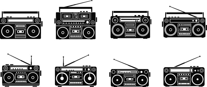 Portable stereo cassette player, boombox vector icons silhouette. 