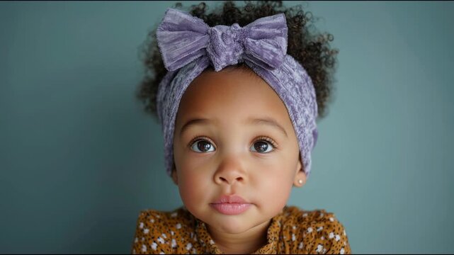 A young African girl with curly hair and a purple headband gazes directly at the camera. She wears a brown patterned dress against a blue background.