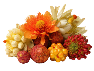 Colorful flowers and exotic fruits arranged artistically, showcasing vibrant colors and unique shapes, creating lively display