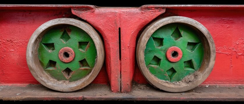 Close-up of wheels and gearlike parts on a red and green train in Istanbul showing the details of vintage train design and mechanics