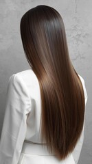 Fototapeta premium A sleek, straight hairstyle cascades down a woman's back, showcasing smooth, shiny strands against a minimalist backdrop.
