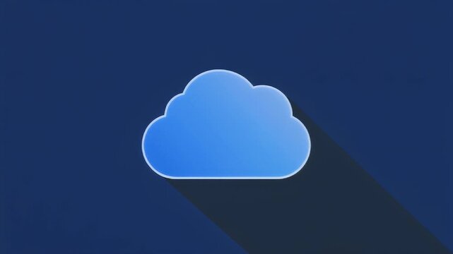 A simple blue cloud icon with a long shadow, representing cloud computing and data storage, set against a deep blue background