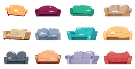 Broken couches. Isolated bright sofa, soft couch for apartment or home. Messy interior elements, broked and torn sofas. Sapid vector clipart