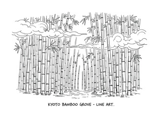 Obraz premium Detailed line art illustration of Kyoto bamboo grove with towering bamboo trees and stylized clouds above.