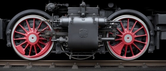 Close-up view of wheels and frame on an old steam locomotive at a railway station with space for text above and below