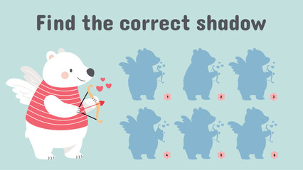 Fototapeta premium Cupid bear. Find correct shadow polar bear. Valentines day game for adults and children. Cartoon funny animal with bow, arrow and hearts. Cute vector template