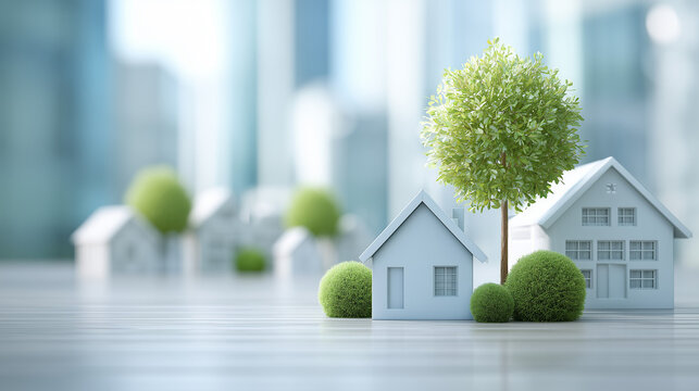 Miniature model houses and trees on reflective surface with urban skyline blur ideal for eco housing concepts, real estate ads and sustainable living visuals
