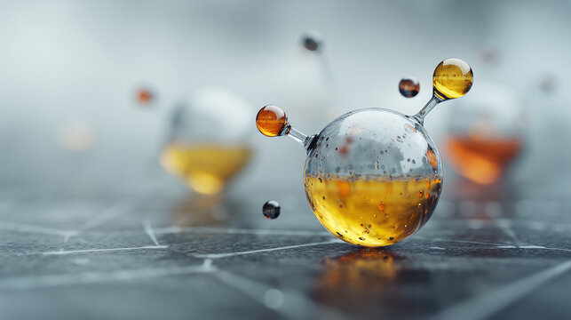 Abstract molecular sphere with colored atoms connected by fine lines on dark reflective surface ideal for science visuals, nanotech concepts and biotechnology presentations
