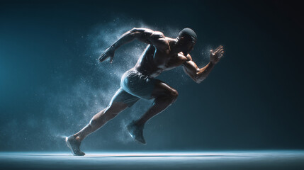 Obraz premium Muscular male sprinter captured mid-stride in dramatic lighting with dust particles around ideal for sports ads, fitness training and performance visuals 