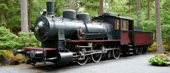 Naklejka premium Old black and red steam locomotive resting on railway tracks surrounded by trees in a natural setting during daytime