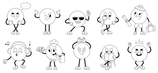 Fototapeta premium Emotional circle characters. Funny groovy characters different deals. Reading book, cooking, dreaming, looking info, travel. Cute cartoon coloring vector elements