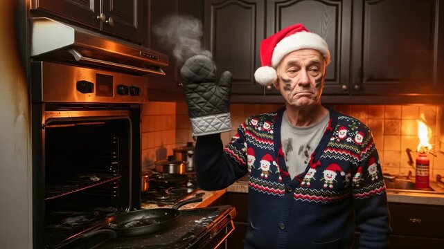 Man having a kitchen fire during Christmas holiday while wearing a Santa hat and an oven mitt, fire safety tips footage.