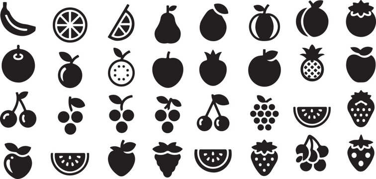 Collection of various fruit silhouettes on a white background. Fruit Line Icons Set. Organic Fruit Vector Outline Symbols.