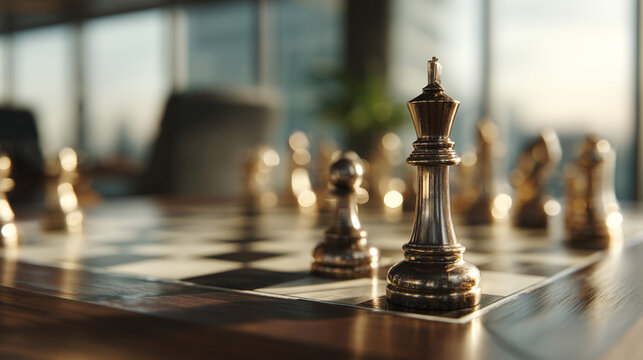 Chessboard in corporate office with metallic chess pieces and focus on king symbolizing leadership, strategy, power and business decision making
