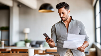 Man holding smartphone reading document home searching job opportunities online. Professional reviewing resume paperwork career change unemployment stress remote work lifestyle modern interior.