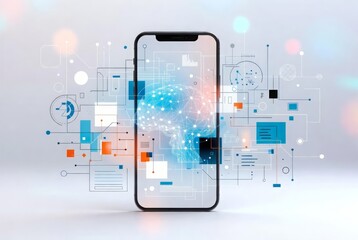 Smartphone mock up with digital interface and abstract data visualization