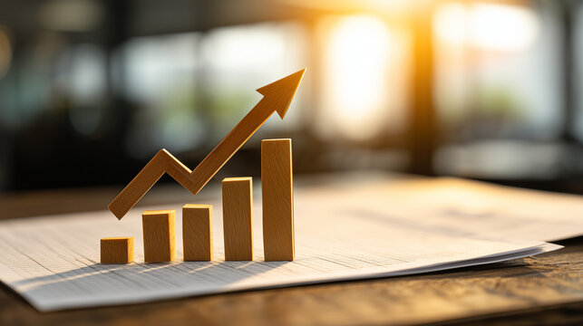 Rising wooden bar chart with arrow symbolizing business growth and financial success in warm sunlight ideal for finance reports and economic presentations
- Powered by Adobe
