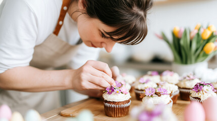 Woman decorating easter cupcakes with purple flowers, spring baking. Pastry chef preparing festive desserts, frosted treats. Holiday cooking, homemade confectionery concept.