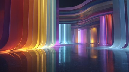 Fototapeta premium Colorful abstract light installation with reflective floor and curved patterns.