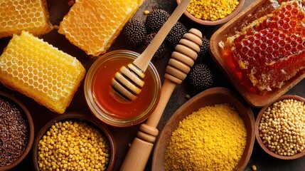 Assortment of honeycombs, honey, and pollen in rustic display.