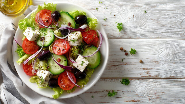 Fresh Greek salad with feta cheese, tomatoes, cucumbers and olives in white bowl on rustic table ideal for healthy eating visuals, recipe blogs and food design
