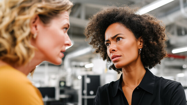 Two businesswomen having serious conversation at workplace. Colleagues discussing important matters, expressing concern. Office environment, professional communication, emotional dialogue concept.