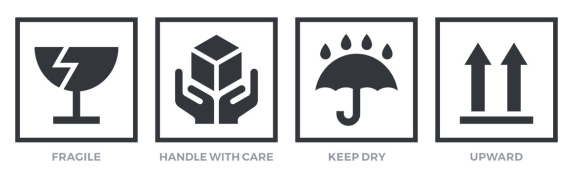 Fragile. Handle with care. Keep away from water. This side up. Packaging symbols. Vector icon set. 
