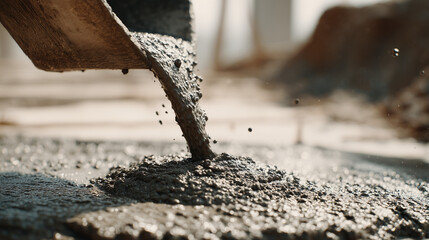 Fototapeta premium Fresh concrete pouring from chute onto construction site ground in close-up shot perfect for building, materials and infrastructure themes 