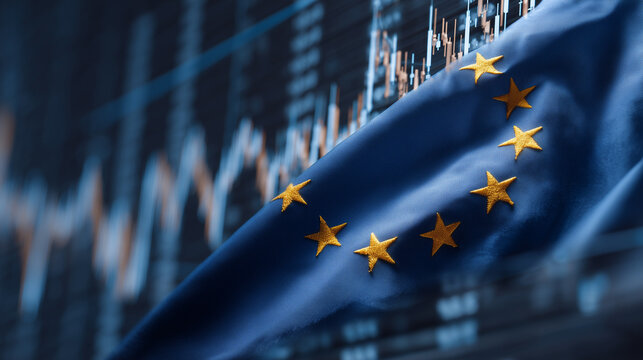 European Union flag overlayed with financial data charts perfect for topics of EU economy, international finance, stock markets and regulations
