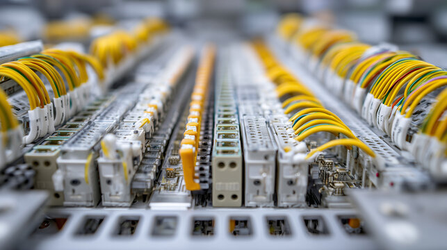 Close-up of electrical wiring and terminal connections in industrial control panel ideal for engineering, automation systems and smart infrastructure topics
