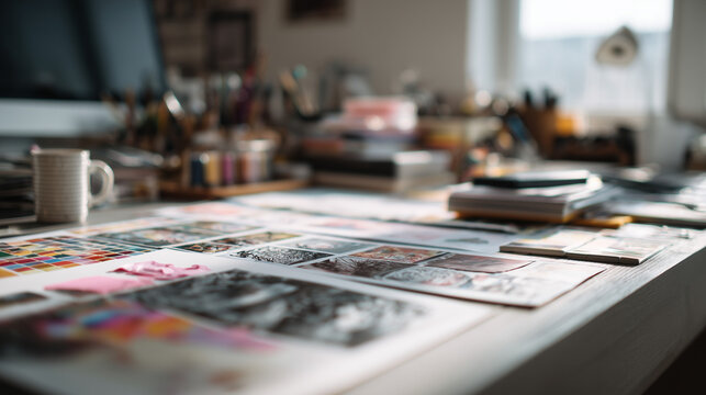 Creative workspace with scattered prints and design materials on table in bright studio ideal for graphic design, publishing and visual storytelling concepts
