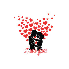 Silhouette couple embracing with red hearts and love you text